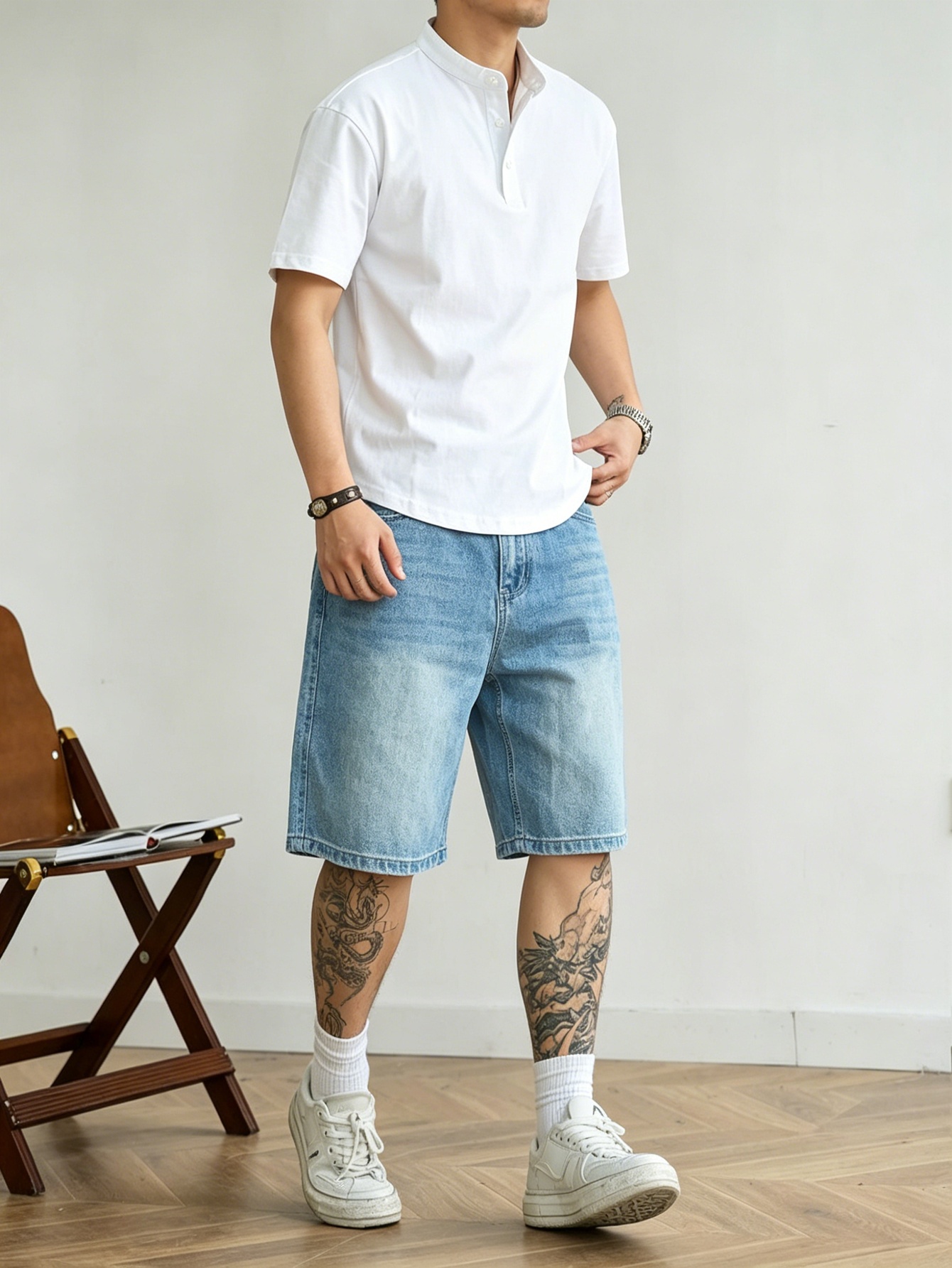 Korean Men Lifestyle - Jorts de denim azul de corte